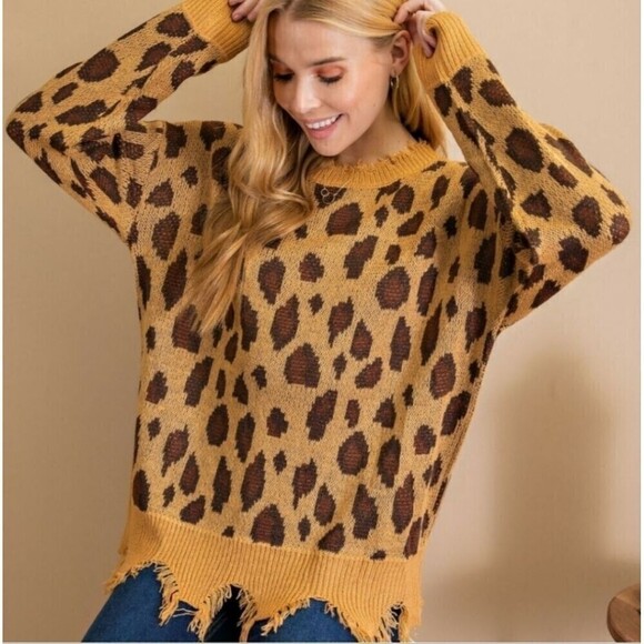 L Love Sweaters - L love Leopard Print Distressed Frayed Oversized Crewneck Sweater Women's Small